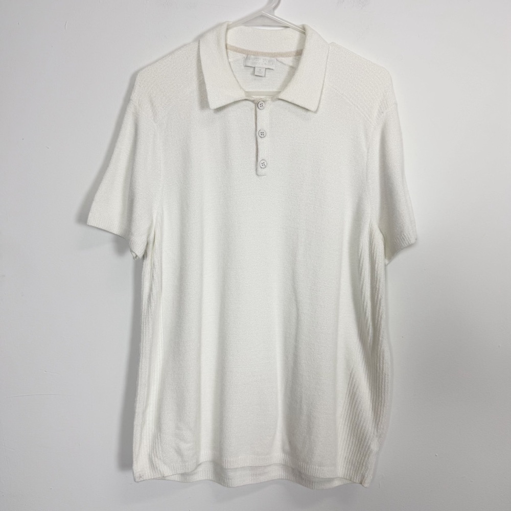 Barefoot Dreams CozyChic Ultra Lite Short Sleeve Polo Shirt Mens Medium White